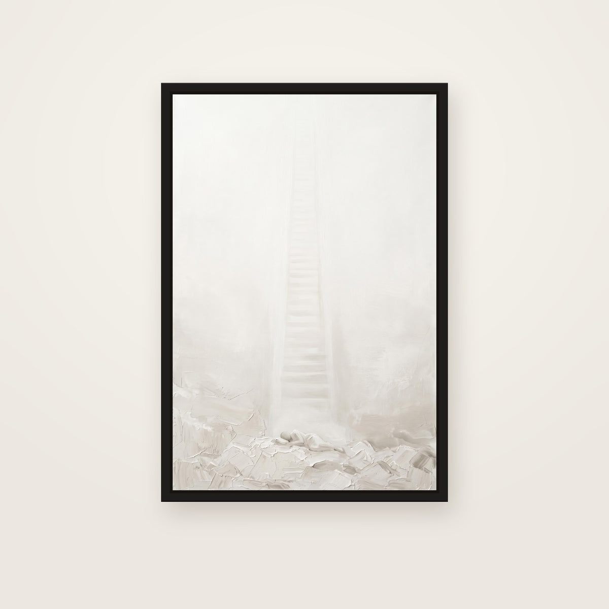 Jacob's Ladder Christian wall art framed canvas print in a black floating frame, showing a pale column of light rising from a sleeping figure on rocky ground