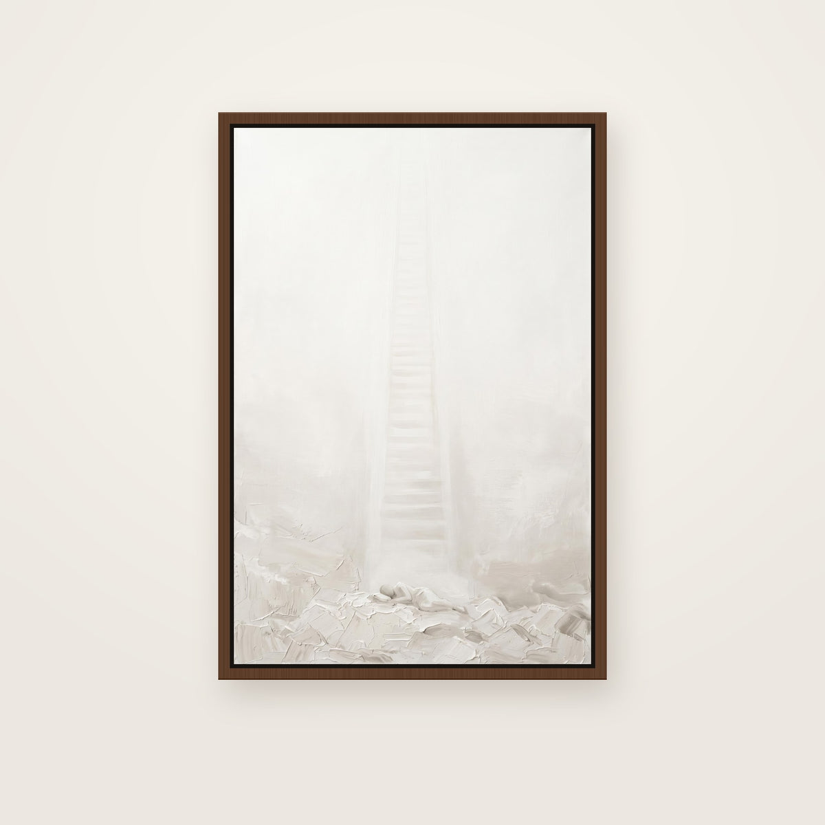 Jacob's Ladder Christian wall art framed canvas print in a brown floating frame, showing a pale column of light rising from a sleeping figure on rocky ground