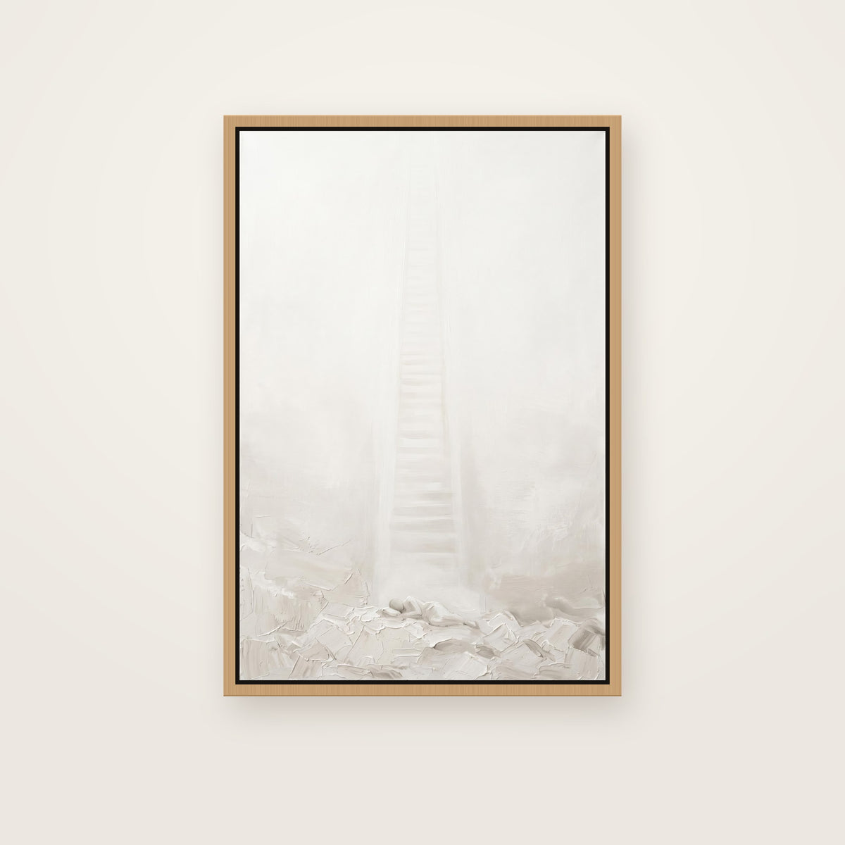 Jacob's Ladder Christian wall art framed canvas print in a natural floating frame, showing a pale column of light rising from a sleeping figure on rocky ground