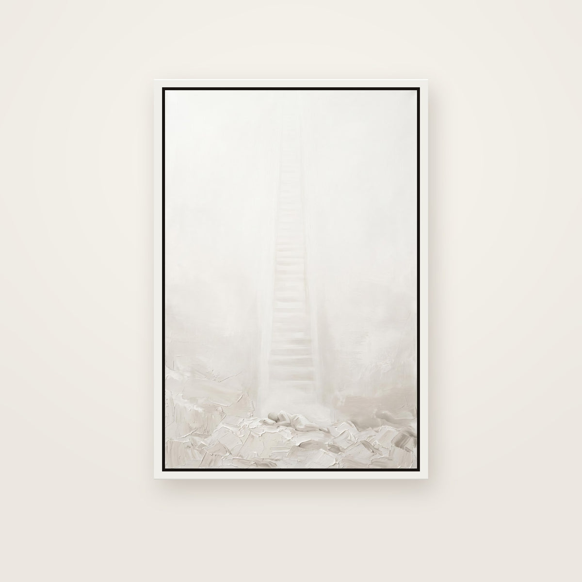 Jacob's Ladder Christian wall art framed canvas print in a white floating frame, showing a pale column of light rising from a sleeping figure on rocky ground