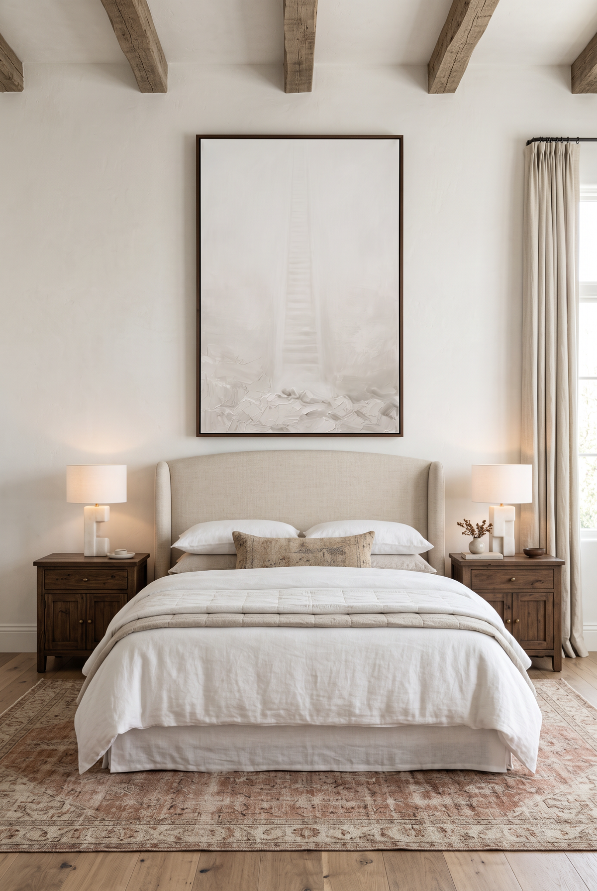 Jacob's Ladder framed canvas hung large above a linen upholstered bed in a serene plaster-walled bedroom