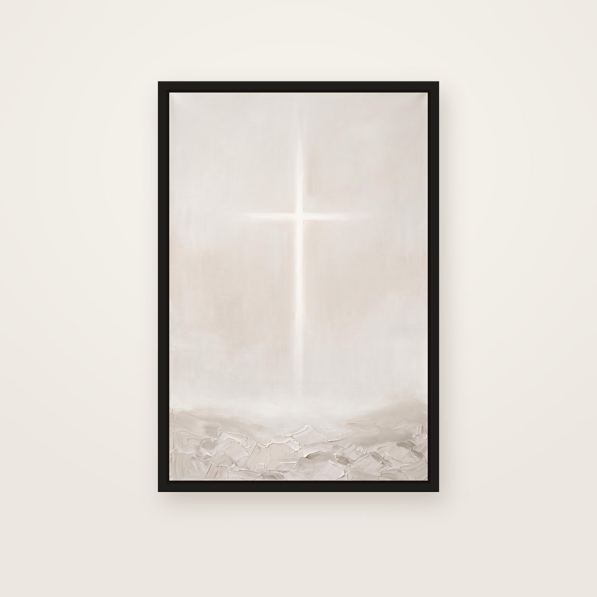 The Cross Christian wall art framed canvas print in a black floating frame, showing a thin cross of soft light glowing through a misty neutral space