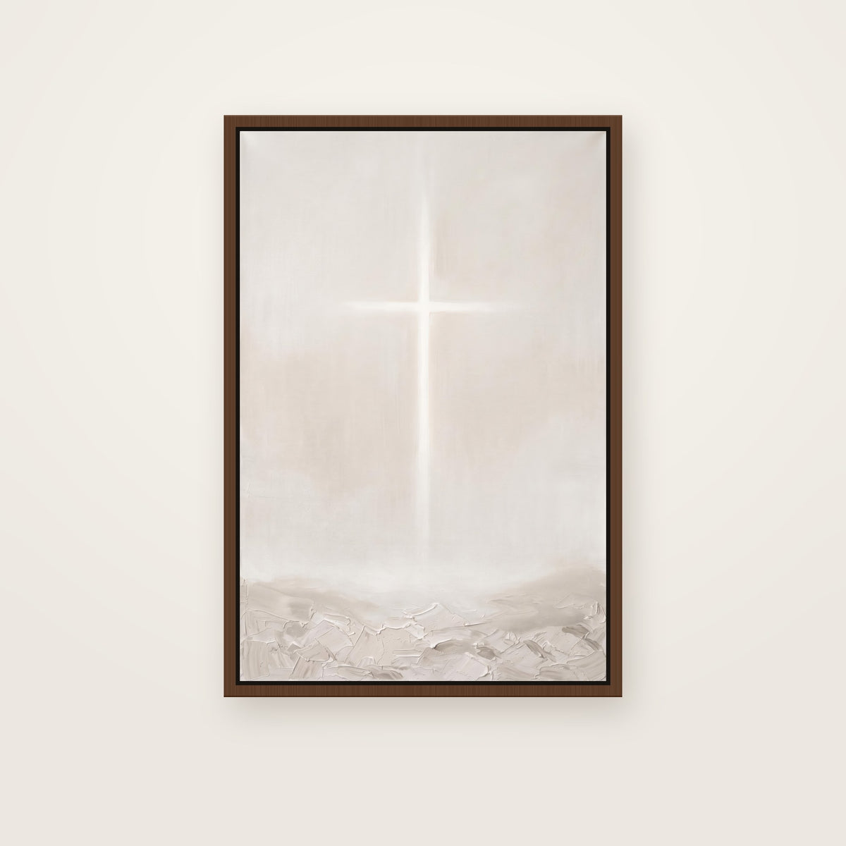 The Cross Christian wall art framed canvas print in a brown floating frame, showing a thin cross of soft light glowing through a misty neutral space