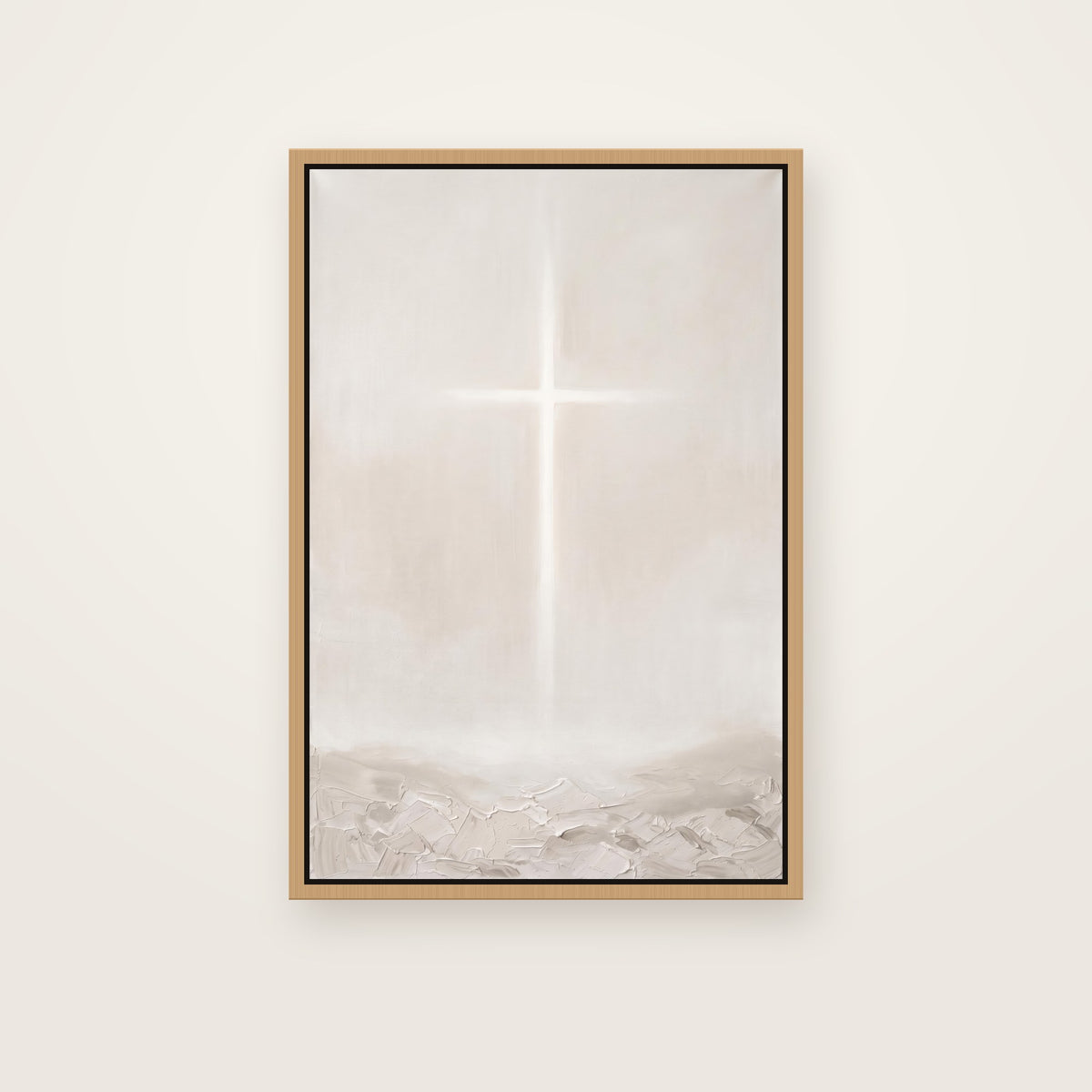 The Cross Christian wall art framed canvas print in a natural floating frame, showing a thin cross of soft light glowing through a misty neutral space