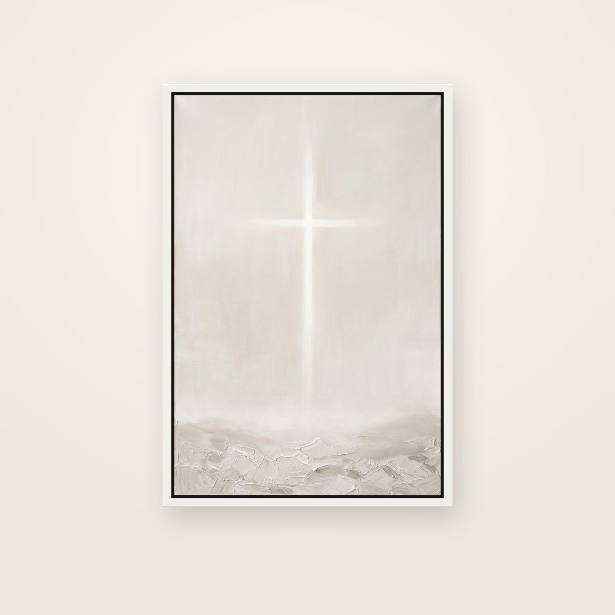 The Cross Christian wall art framed canvas print in a white floating frame, showing a thin cross of soft light glowing through a misty neutral space