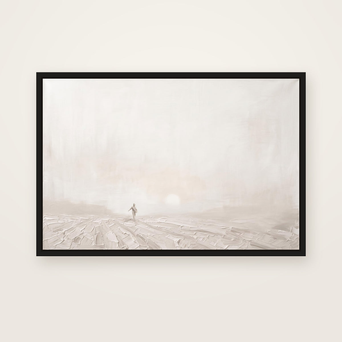 The Sower Christian wall art framed canvas print in a black floating frame, showing a small figure scattering seed across soft furrows toward a hazy low sun