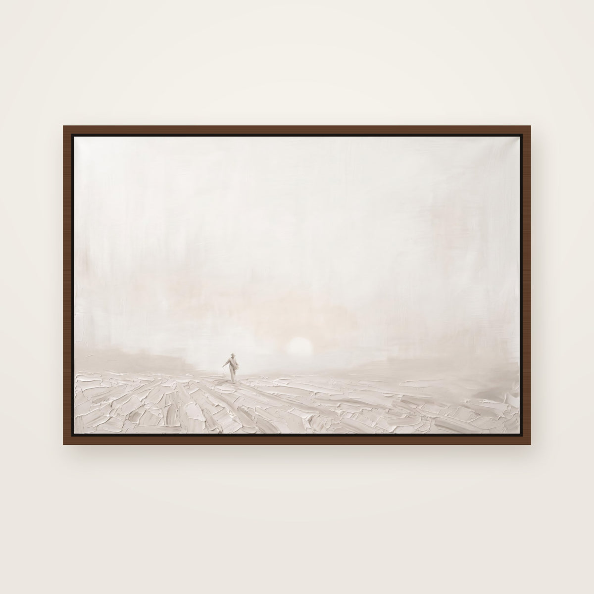 The Sower Christian wall art framed canvas print in a brown floating frame, showing a small figure scattering seed across soft furrows toward a hazy low sun