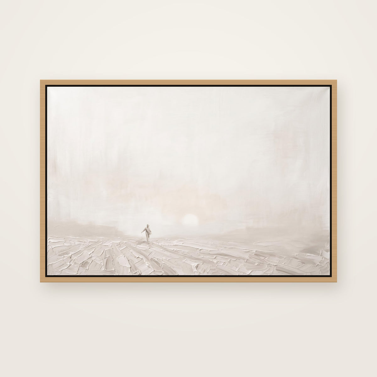 The Sower Christian wall art framed canvas print in a natural floating frame, showing a small figure scattering seed across soft furrows toward a hazy low sun