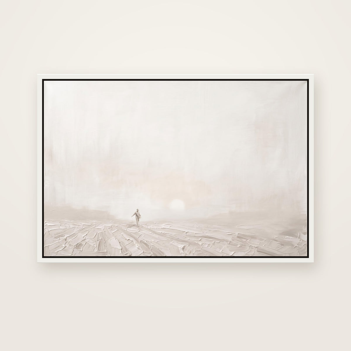 The Sower Christian wall art framed canvas print in a white floating frame, showing a small figure scattering seed across soft furrows toward a hazy low sun