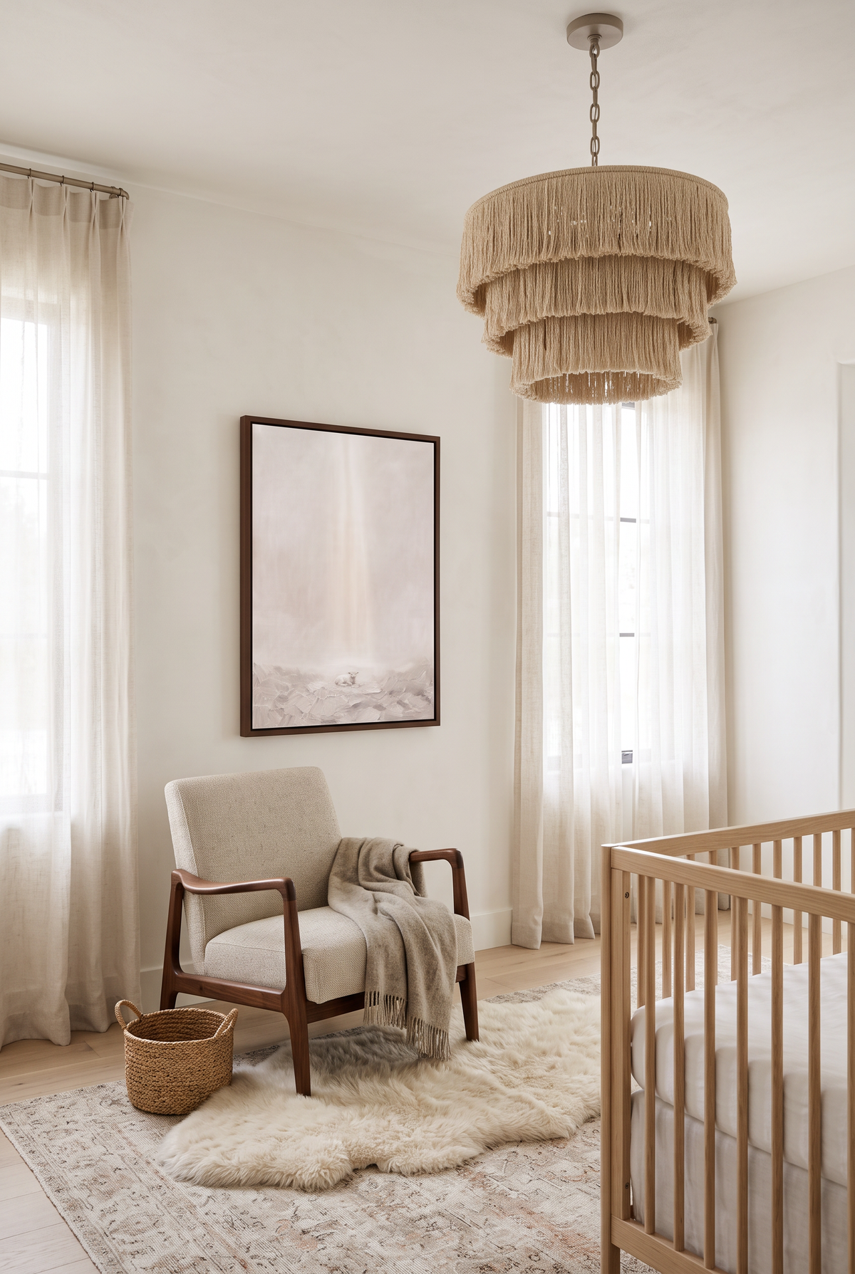 Behold the Lamb framed canvas above a reading chair in a soft neutral nursery with a fringe pendant