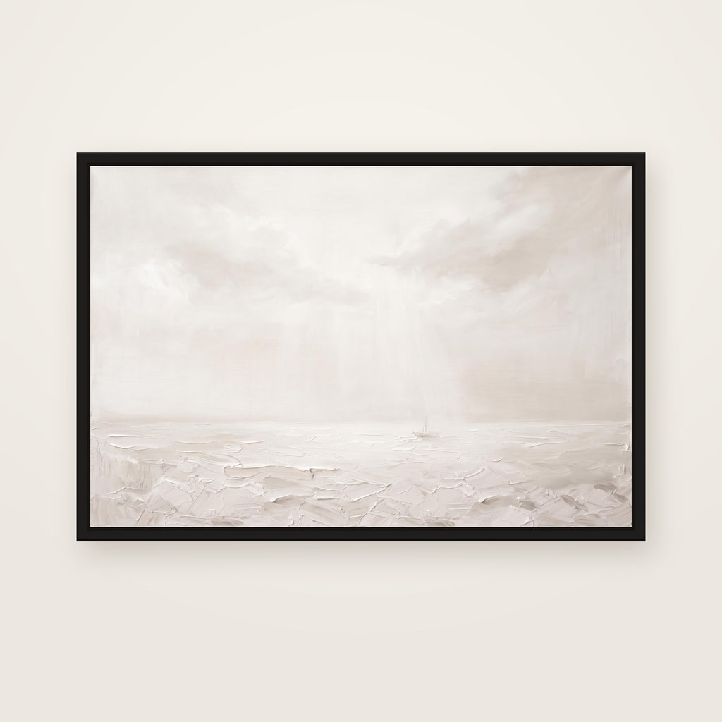 Peace, Be Still Christian wall art framed canvas print in a black floating frame, showing a tiny boat on a calming sea as light breaks through the clouds