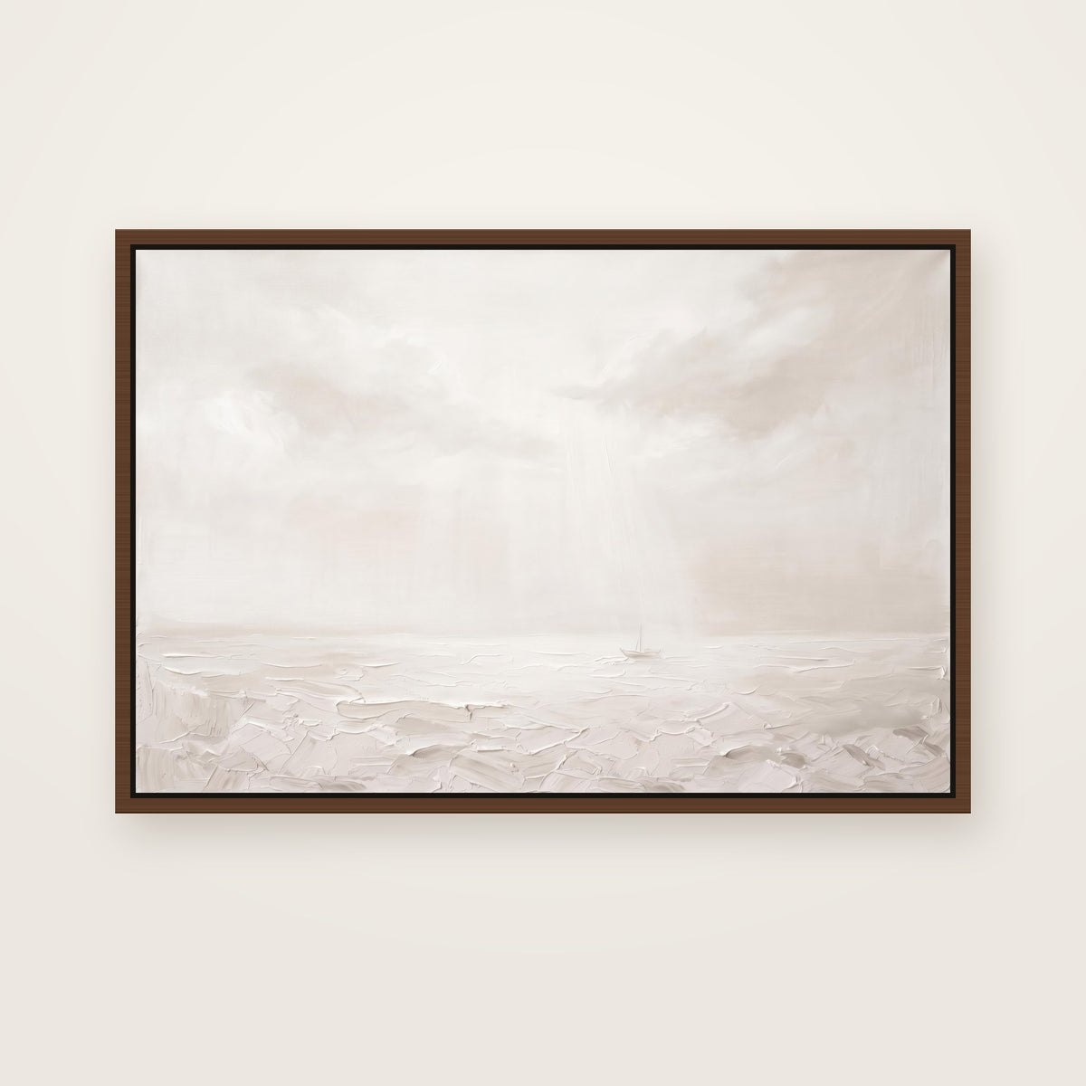Peace, Be Still Christian wall art framed canvas print in a brown floating frame, showing a tiny boat on a calming sea as light breaks through the clouds