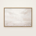 Peace, Be Still Christian wall art framed canvas print in a natural floating frame, showing a tiny boat on a calming sea as light breaks through the clouds