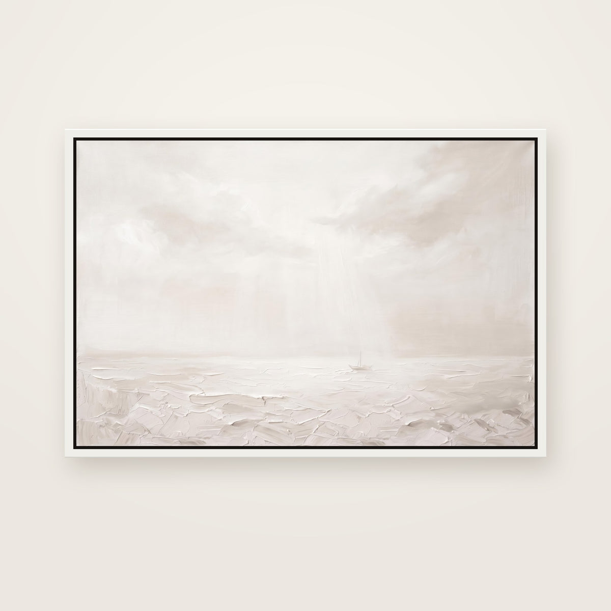 Peace, Be Still Christian wall art framed canvas print in a white floating frame, showing a tiny boat on a calming sea as light breaks through the clouds