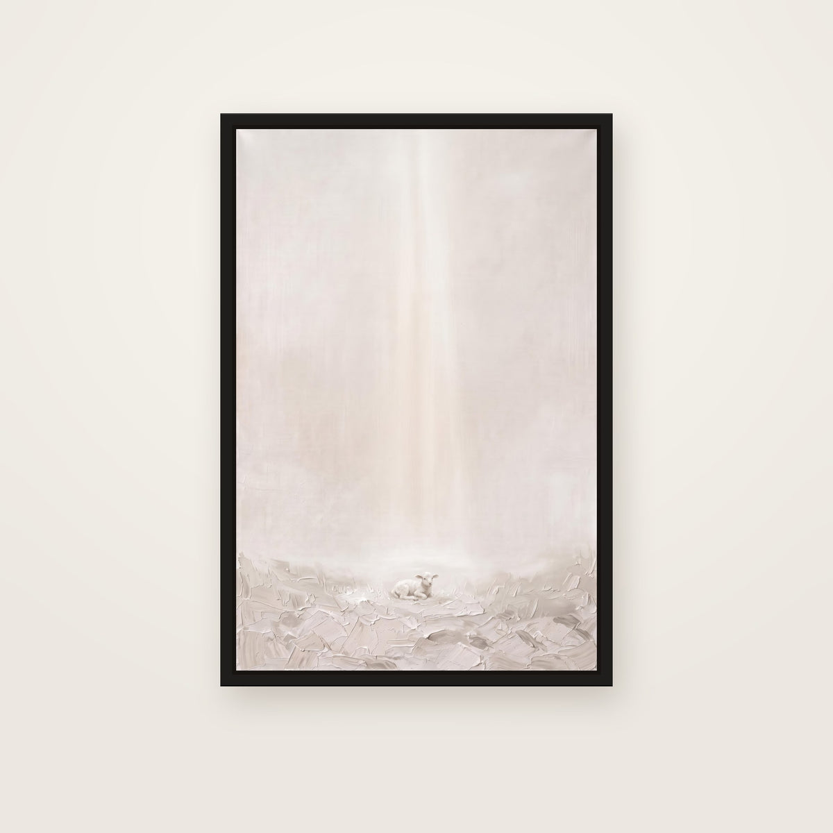 Behold the Lamb Christian wall art framed canvas print in a black floating frame, showing a small lamb resting in soft grass under a gentle beam of light