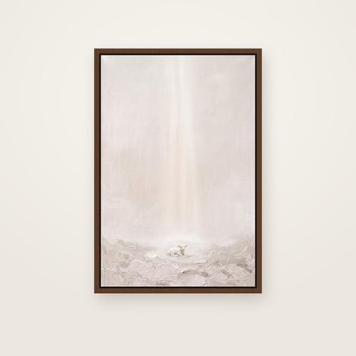 Behold the Lamb in a brown floating frame