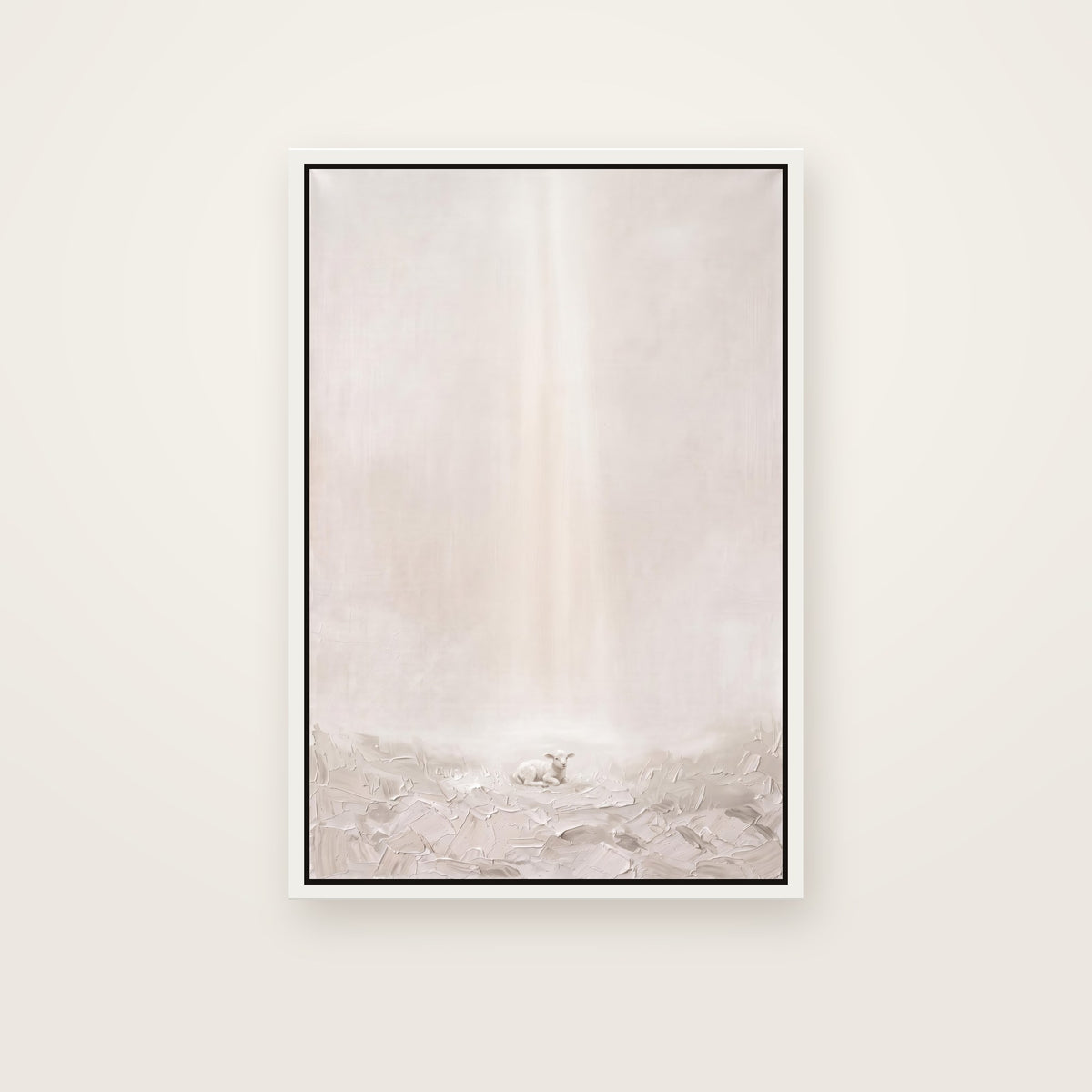 Behold the Lamb Christian wall art framed canvas print in a white floating frame, showing a small lamb resting in soft grass under a gentle beam of light