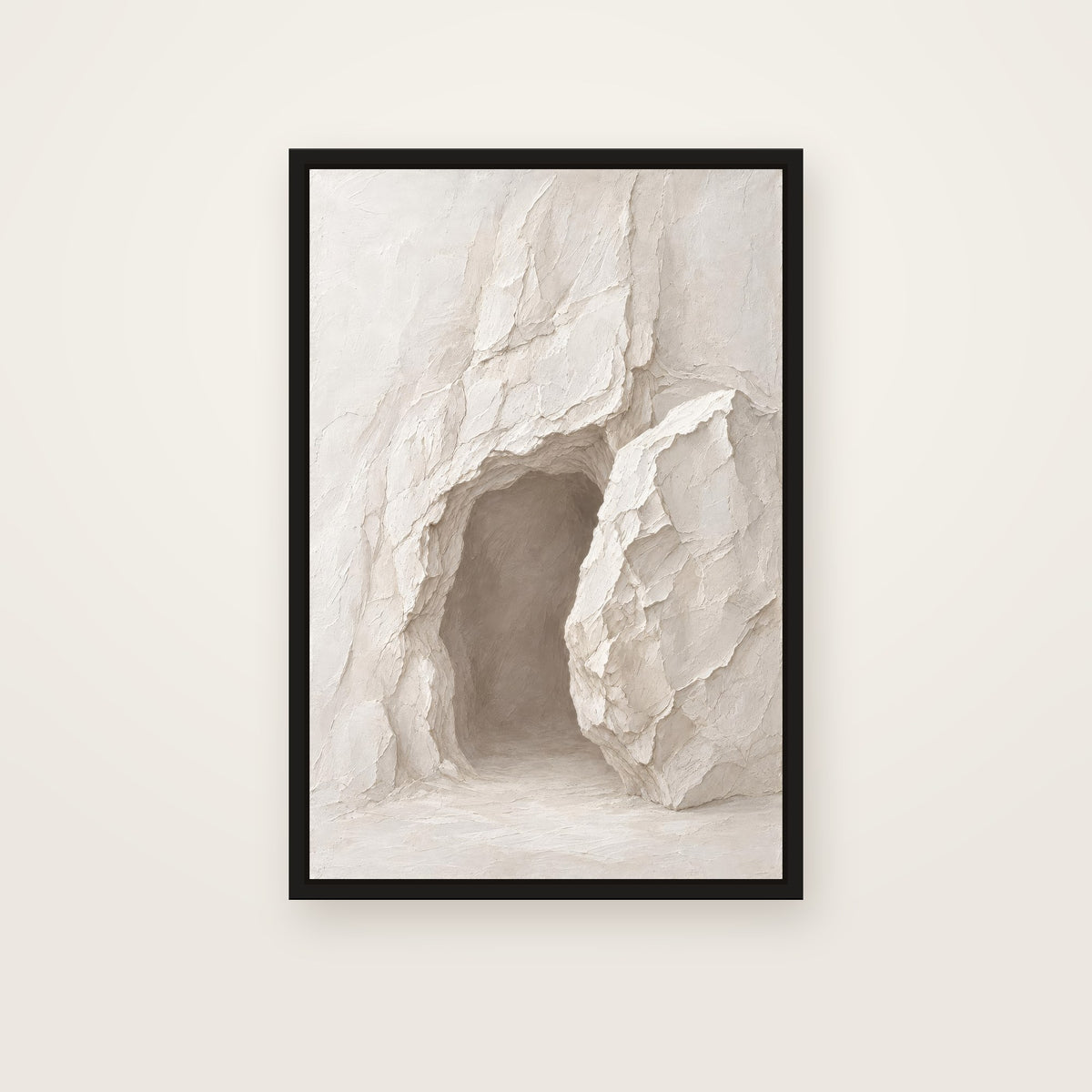 He Is Risen Christian wall art framed canvas print in a black floating frame, showing an open cave tomb in white stone beside a huge rolled-away boulder