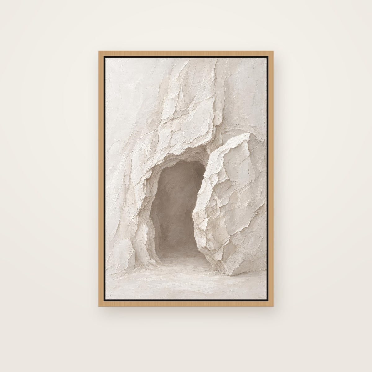 He Is Risen Christian wall art framed canvas print in a natural floating frame, showing an open cave tomb in white stone beside a huge rolled-away boulder