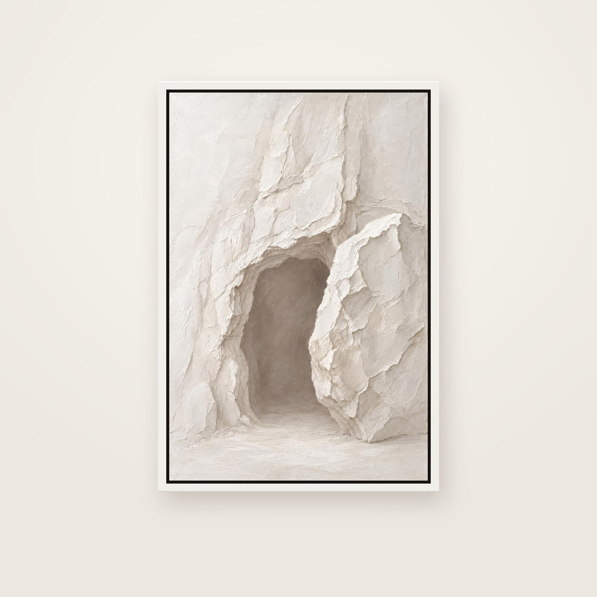 He Is Risen Christian wall art framed canvas print in a white floating frame, showing an open cave tomb in white stone beside a huge rolled-away boulder