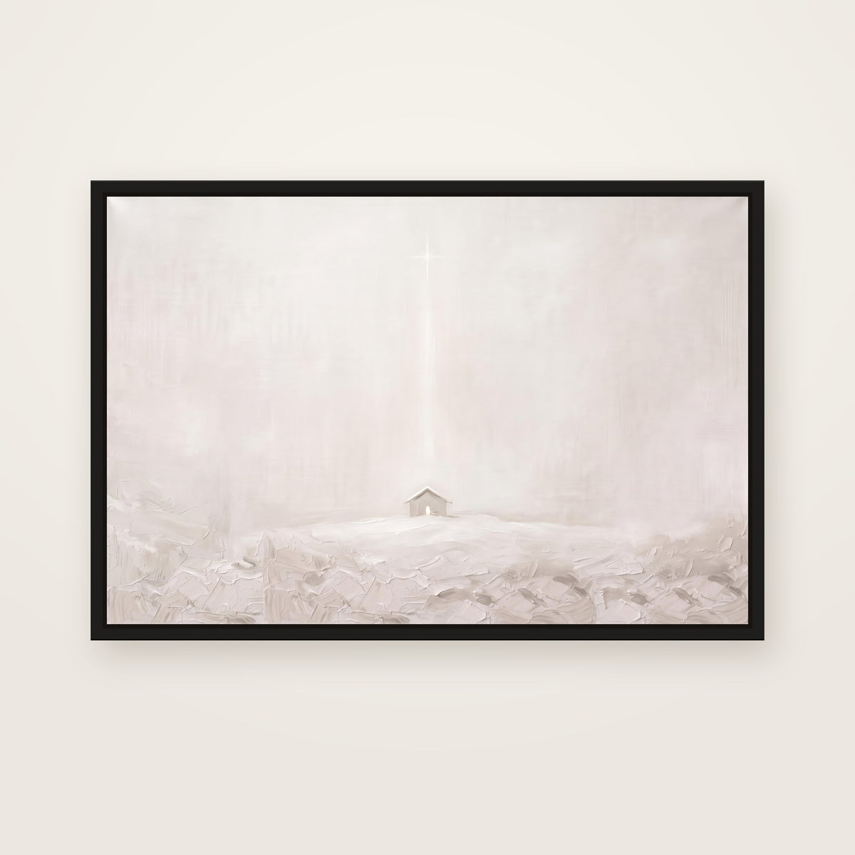 The Quiet Night Christian wall art framed canvas print in a black floating frame, showing a small stable glowing on a pale hillside under one faint star