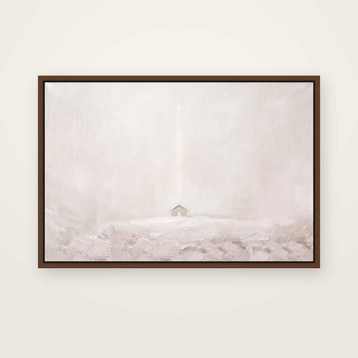 The Quiet Night Christian wall art framed canvas print in a brown floating frame, showing a small stable glowing on a pale hillside under one faint star