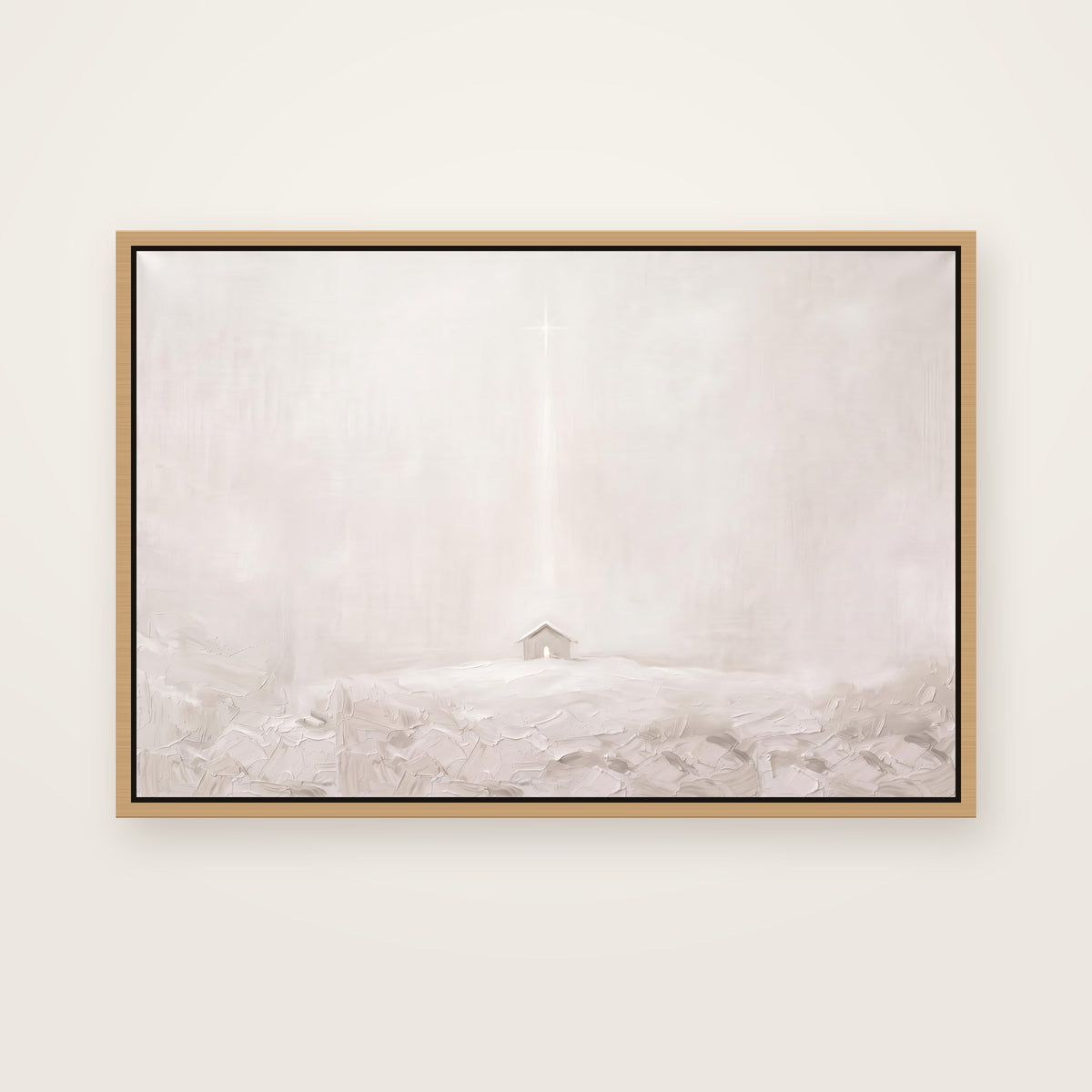 The Quiet Night Christian wall art framed canvas print in a natural floating frame, showing a small stable glowing on a pale hillside under one faint star