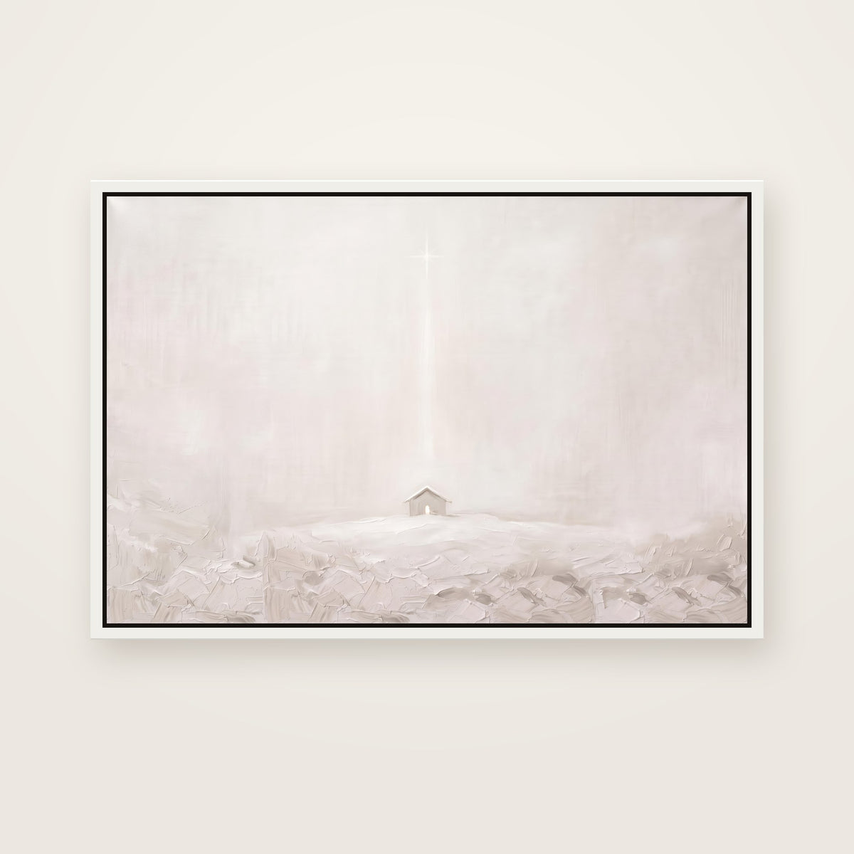 The Quiet Night Christian wall art framed canvas print in a white floating frame, showing a small stable glowing on a pale hillside under one faint star