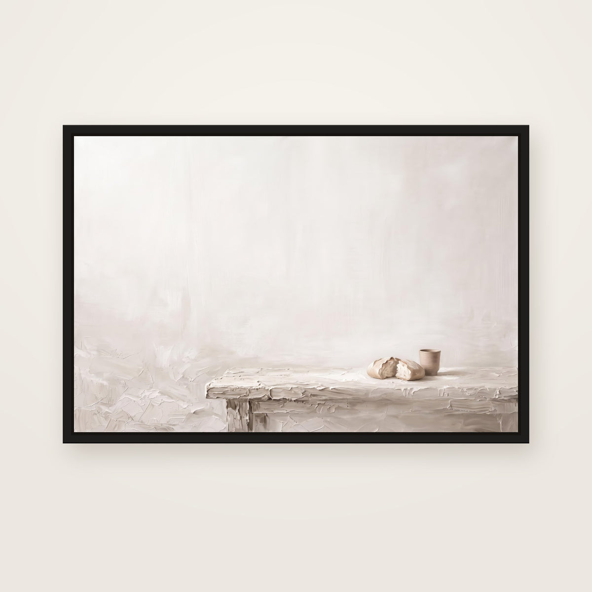 Do This in Remembrance Christian wall art framed canvas print in a black floating frame, showing broken bread and a clay cup on a long wooden table in soft light