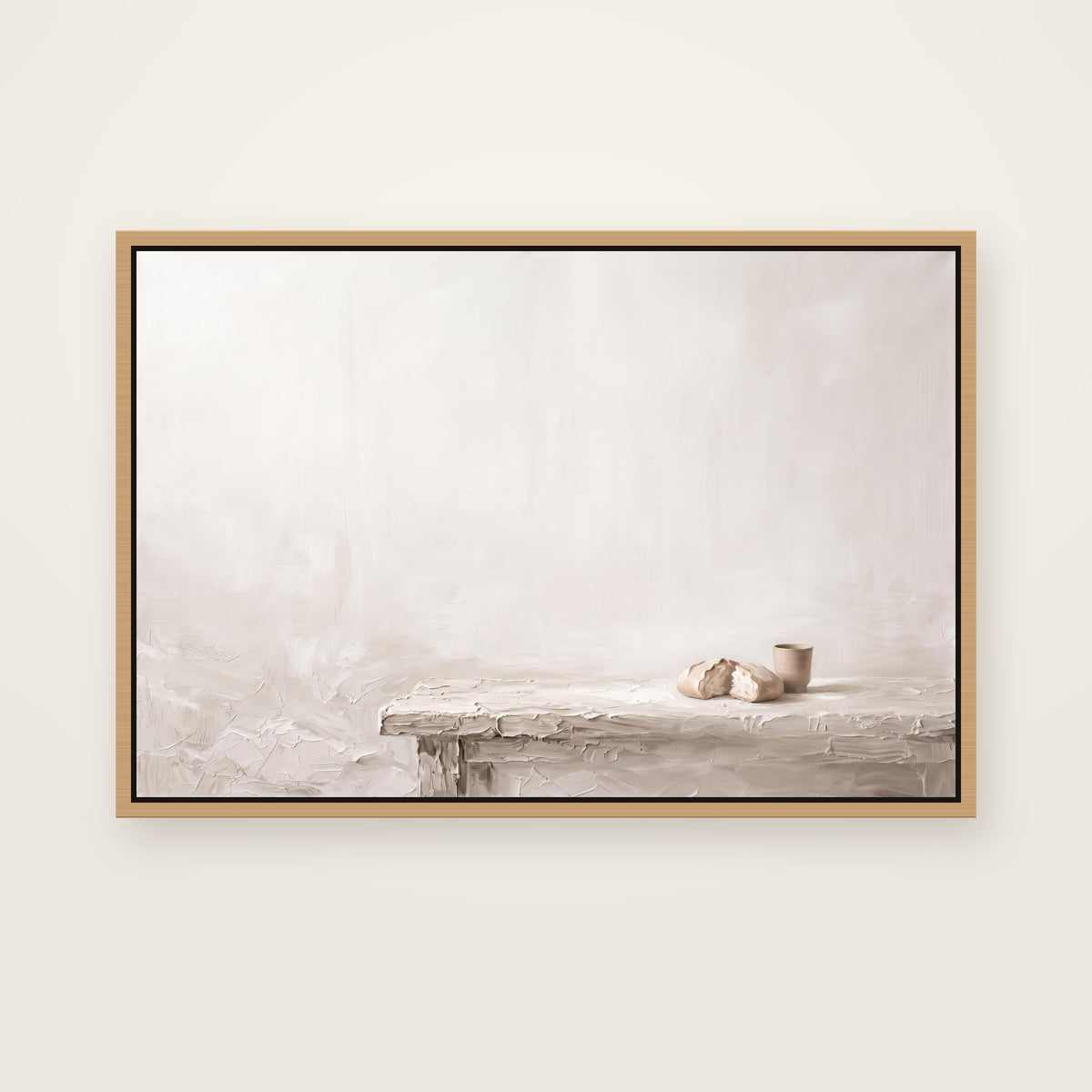 Do This in Remembrance Christian wall art framed canvas print in a natural floating frame, showing broken bread and a clay cup on a long wooden table in soft light