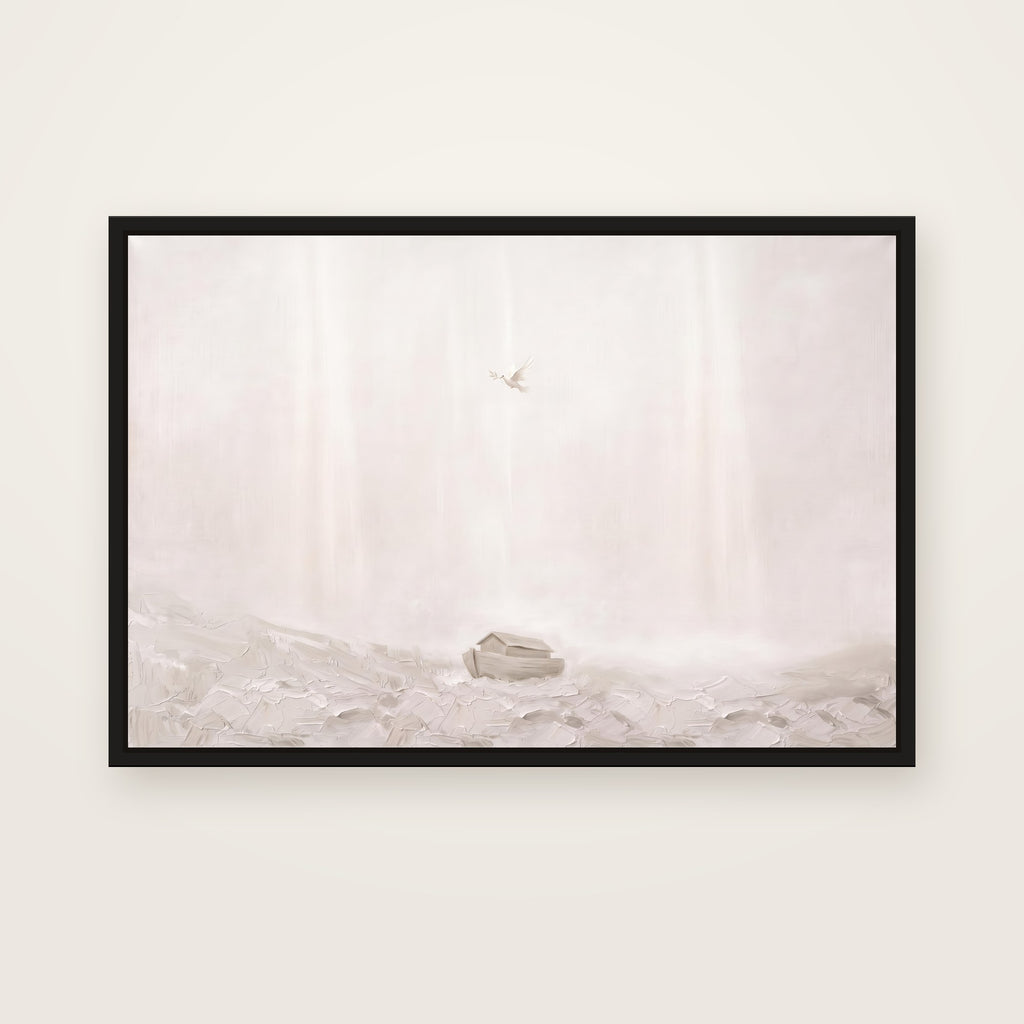 After the Flood Christian wall art framed canvas print in a black floating frame, showing the ark resting on a misty hillside with a dove flying toward it