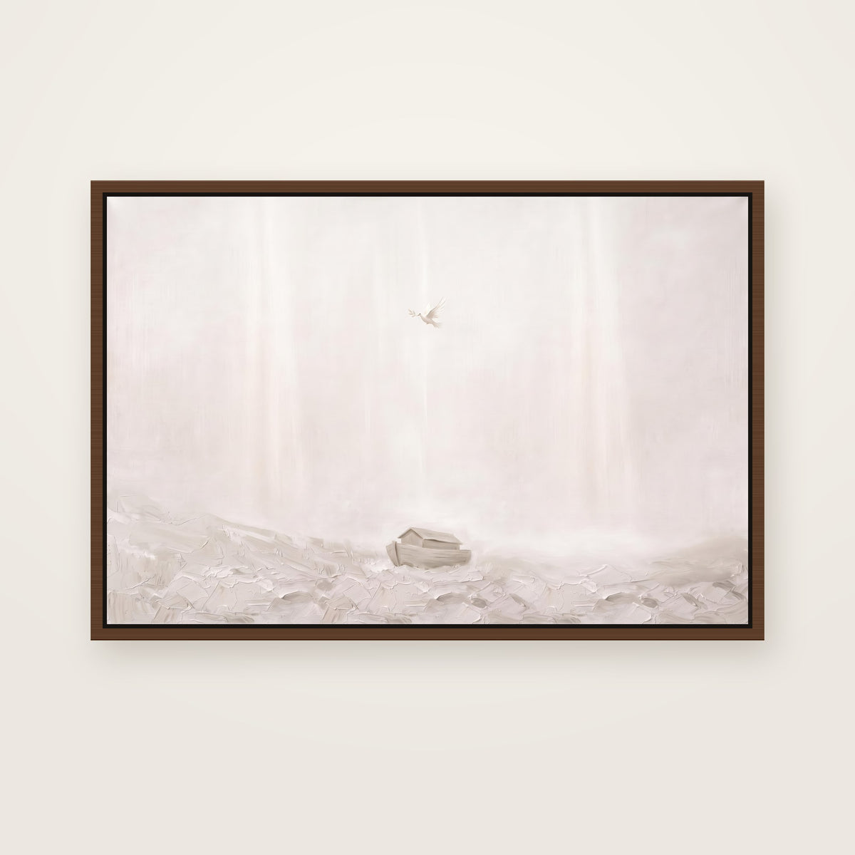 After the Flood Christian wall art framed canvas print in a brown floating frame, showing the ark resting on a misty hillside with a dove flying toward it