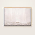 After the Flood Christian wall art framed canvas print in a natural floating frame, showing the ark resting on a misty hillside with a dove flying toward it