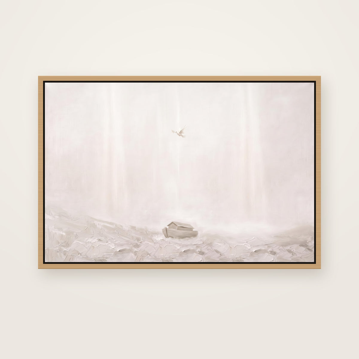 After the Flood Christian wall art framed canvas print in a natural floating frame, showing the ark resting on a misty hillside with a dove flying toward it