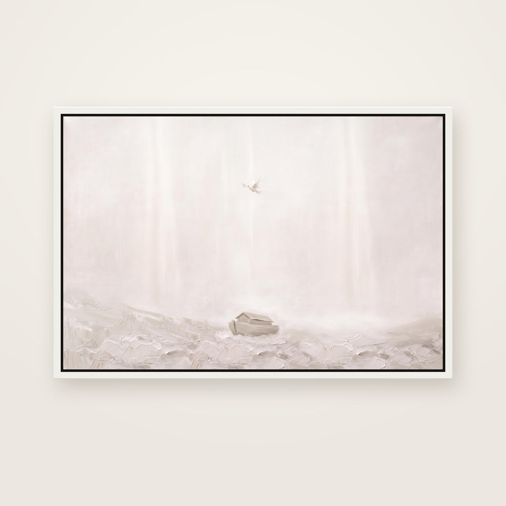 After the Flood Christian wall art framed canvas print in a white floating frame, showing the ark resting on a misty hillside with a dove flying toward it