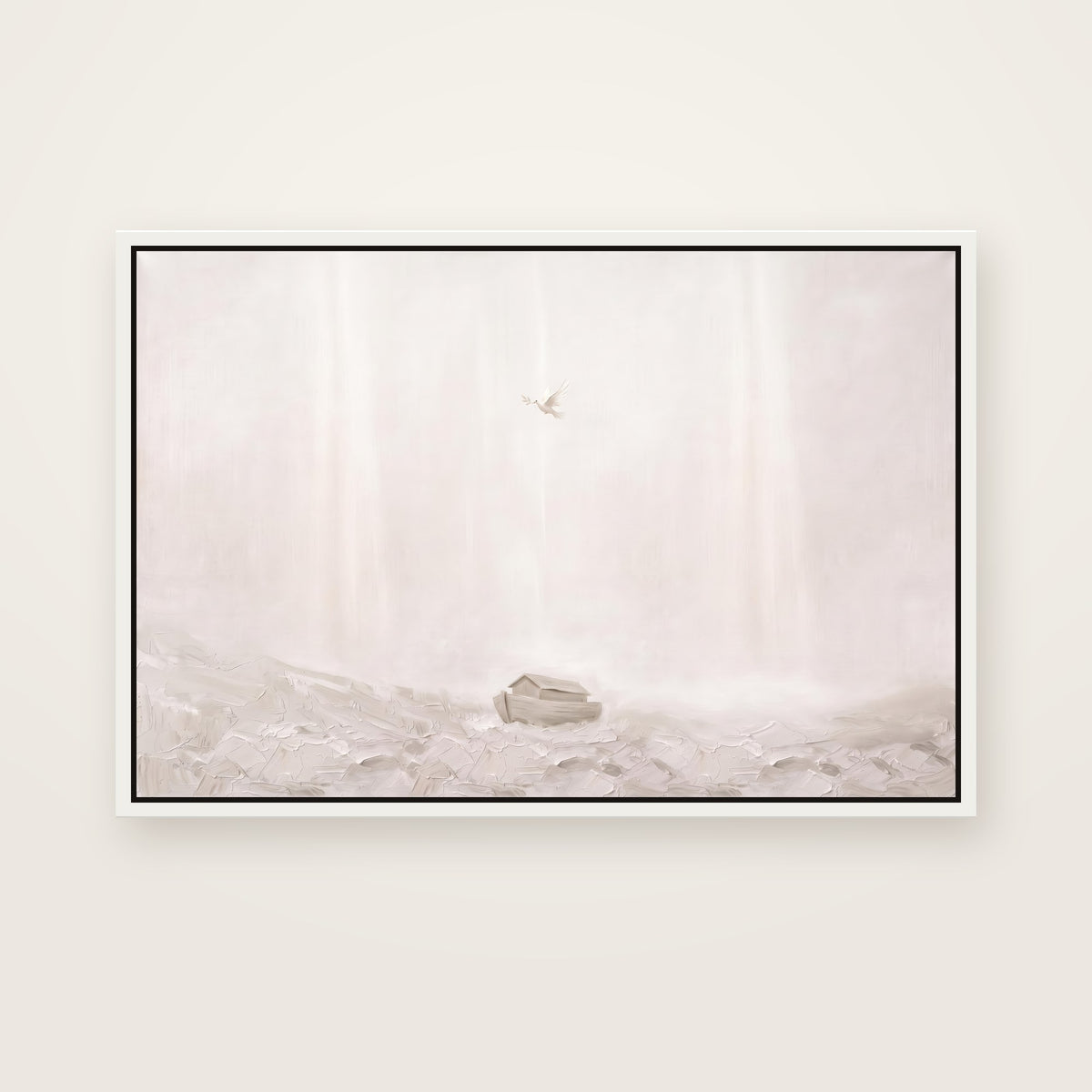After the Flood Christian wall art framed canvas print in a white floating frame, showing the ark resting on a misty hillside with a dove flying toward it