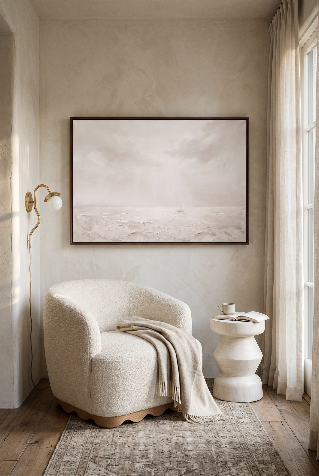 Peace, Be Still framed canvas above a cream boucle chair in a quiet reading nook