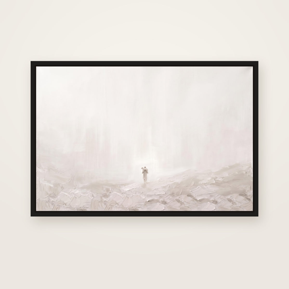 Found Christian wall art framed canvas print in a black floating frame, showing the Good Shepherd carrying a lamb home on his shoulders across a misty hillside