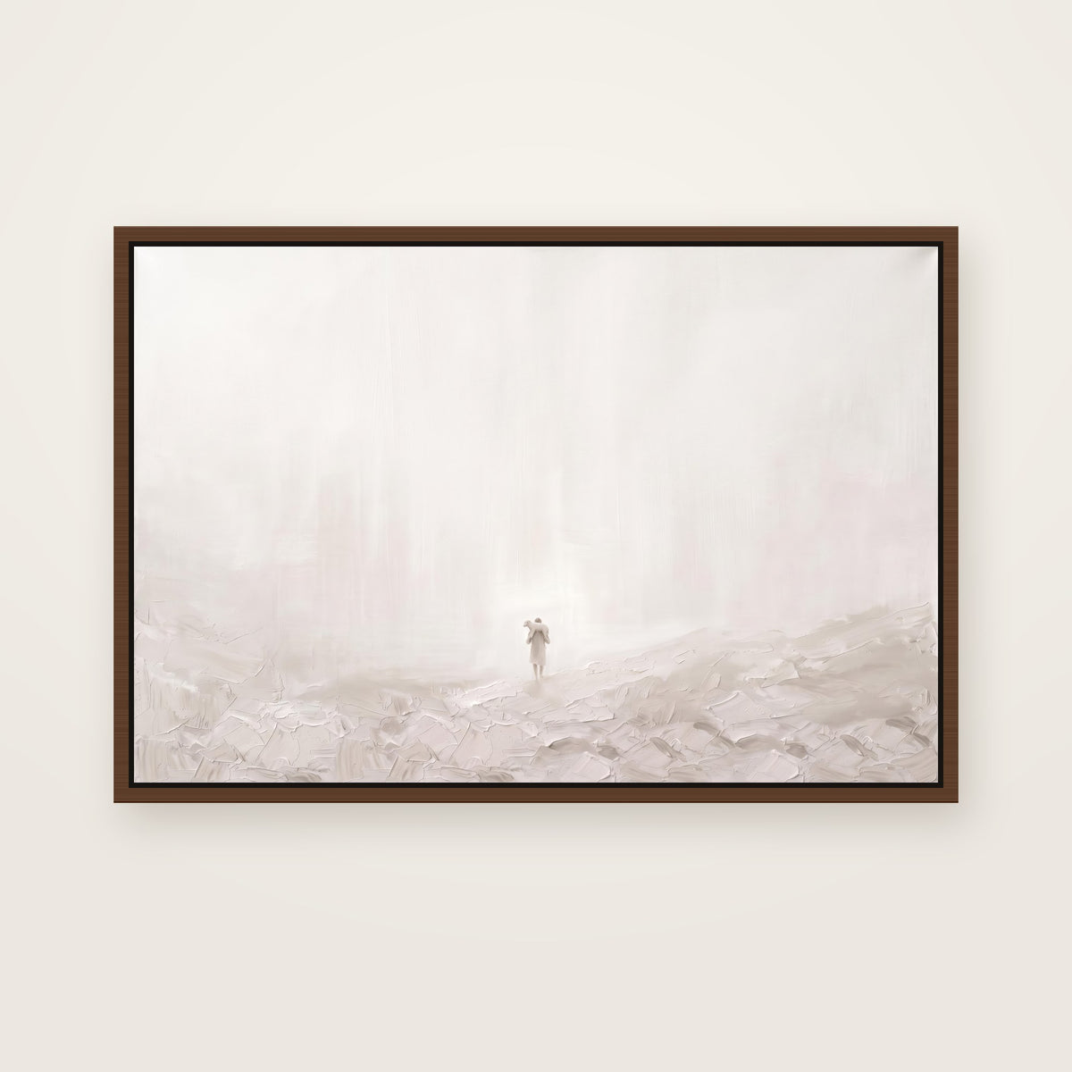 Found Christian wall art framed canvas print in a brown floating frame, showing the Good Shepherd carrying a lamb home on his shoulders across a misty hillside