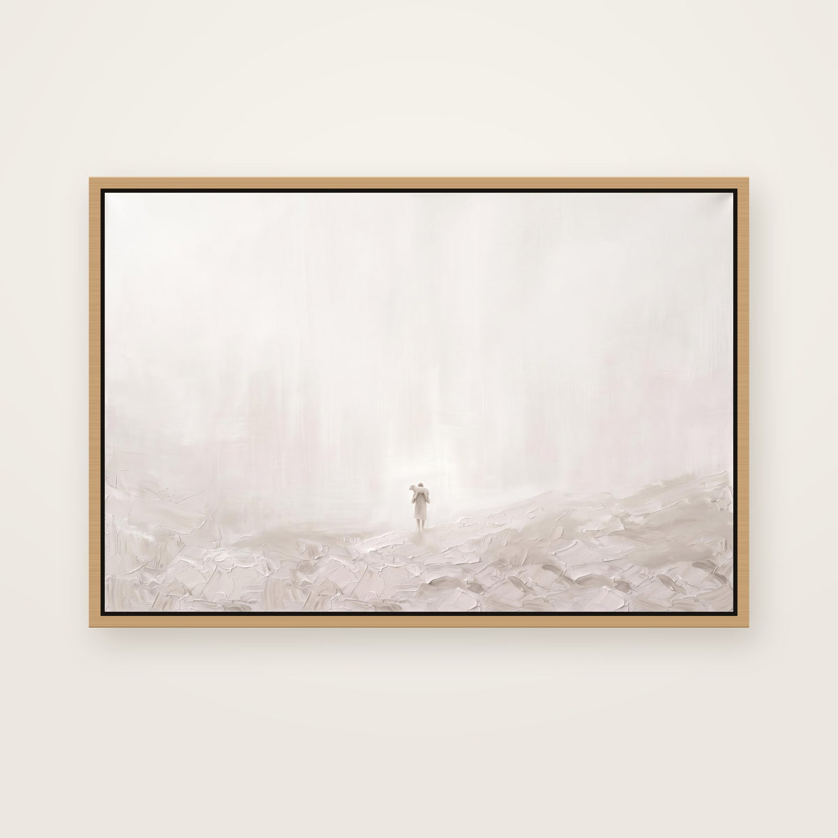 Found Christian wall art framed canvas print in a natural floating frame, showing the Good Shepherd carrying a lamb home on his shoulders across a misty hillside