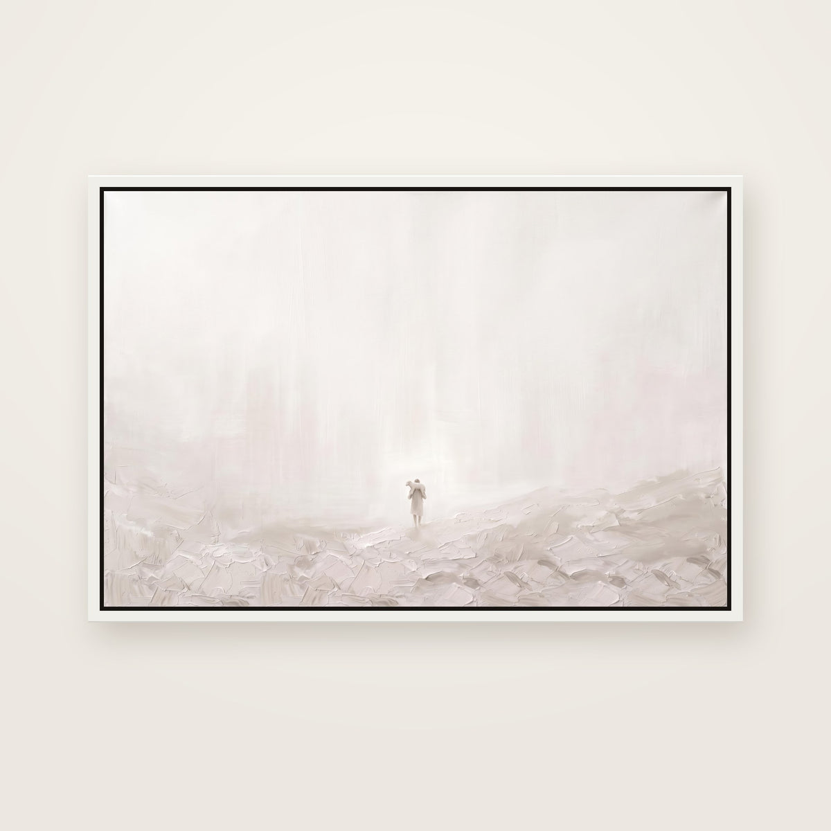 Found Christian wall art framed canvas print in a white floating frame, showing the Good Shepherd carrying a lamb home on his shoulders across a misty hillside
