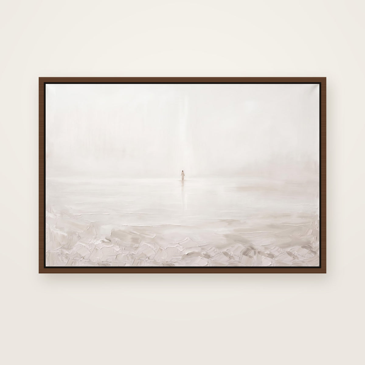 Come Christian wall art framed canvas print in a brown floating frame, showing Jesus far out on still water in a soft beam of light