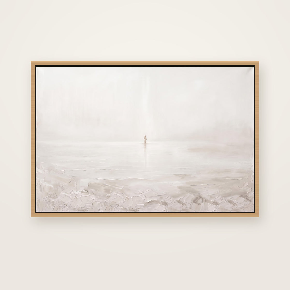 Come Christian wall art framed canvas print in a natural floating frame, showing Jesus far out on still water in a soft beam of light