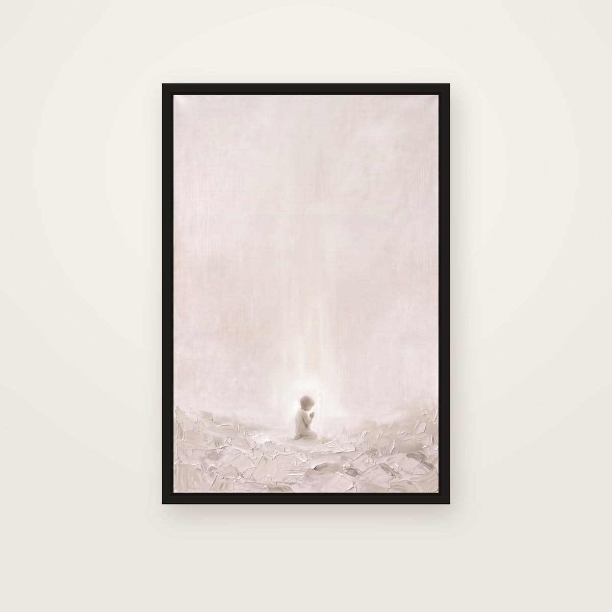 Let the Little Children Come Christian wall art framed canvas print in a black floating frame, showing a small child kneeling in prayer, surrounded by soft light