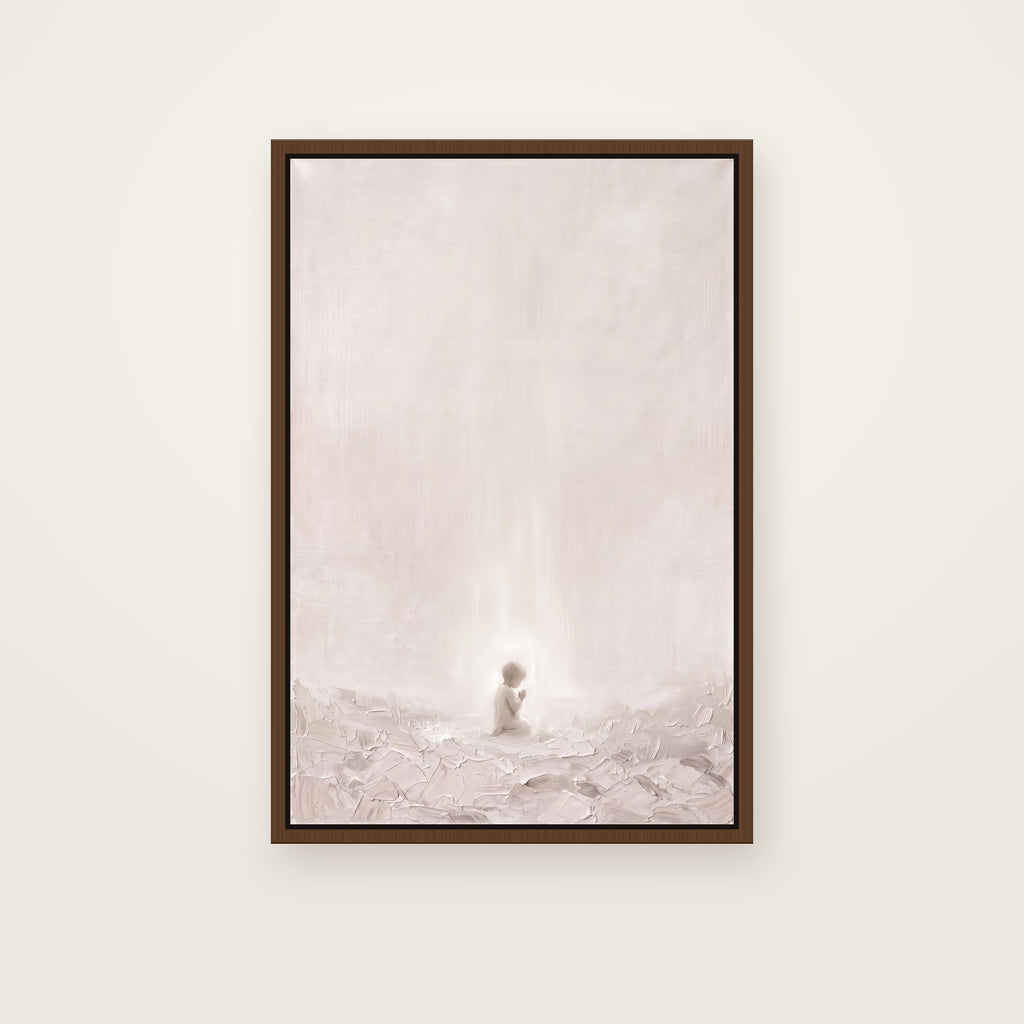 Let the Little Children Come Christian wall art framed canvas print in a brown floating frame, showing a small child kneeling in prayer, surrounded by soft light