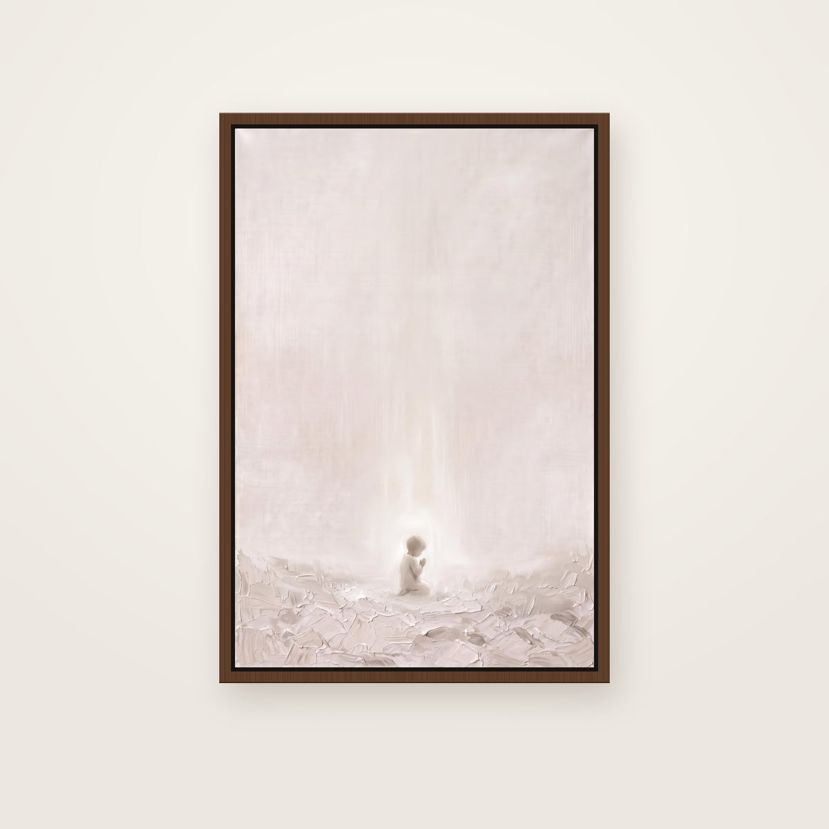 Let the Little Children Come Christian wall art framed canvas print in a brown floating frame, showing a small child kneeling in prayer, surrounded by soft light