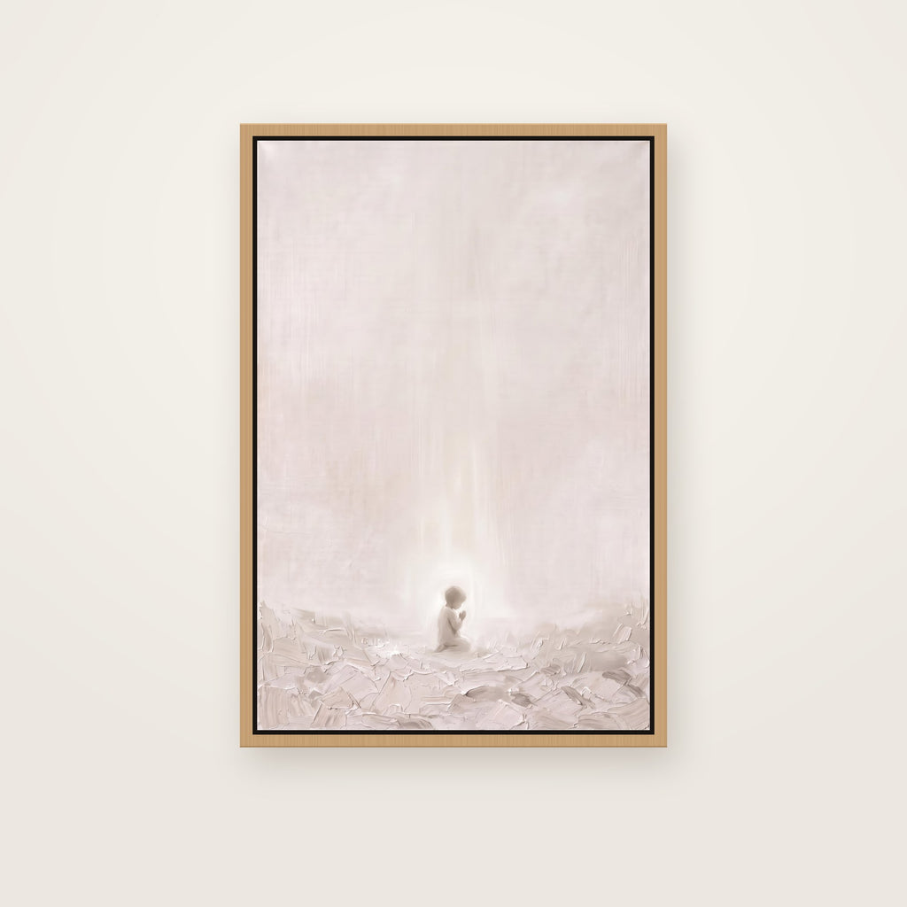 Let the Little Children Come Christian wall art framed canvas print in a natural floating frame, showing a small child kneeling in prayer, surrounded by soft light