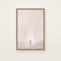 Let the Little Children Come Christian wall art framed canvas print in a natural floating frame, showing a small child kneeling in prayer, surrounded by soft light