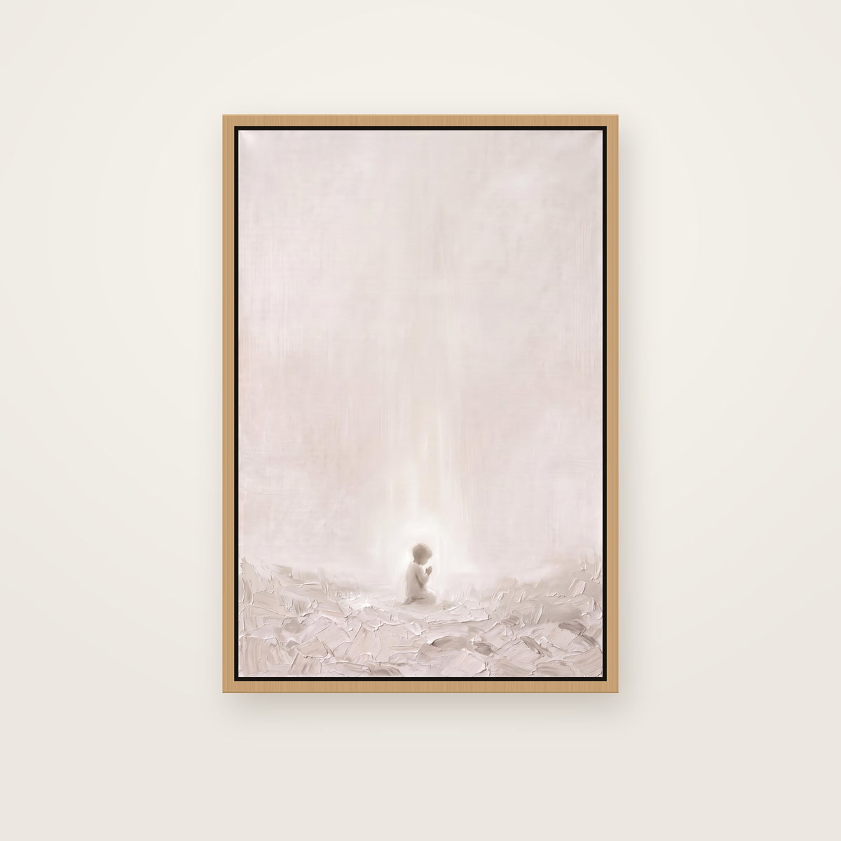 Let the Little Children Come Christian wall art framed canvas print in a natural floating frame, showing a small child kneeling in prayer, surrounded by soft light