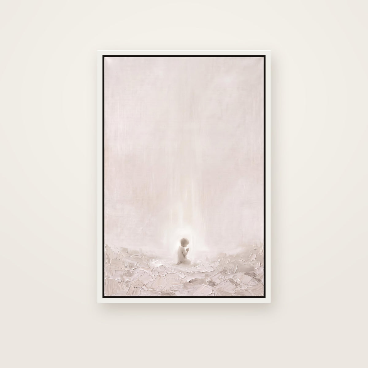 Let the Little Children Come Christian wall art framed canvas print in a white floating frame, showing a small child kneeling in prayer, surrounded by soft light